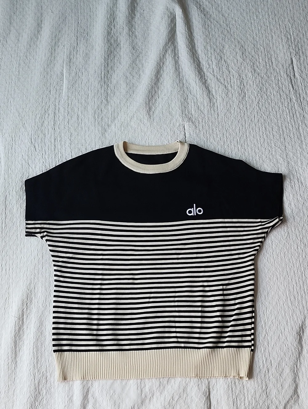 Alo Yoga Tennis Club Striped Knit Pullover Sweater Black Ivory - Picture 1 of 7